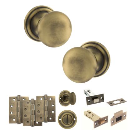 Old English Harrogate Door Knob Pack (Bathroom Set - 3" Deadbolt, 4" Fire Rated Hinges x3) - Matt Antique Brass