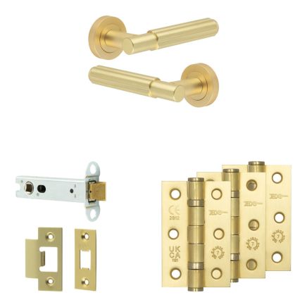 Complete Bloom Door Handle Pack - Heavy Duty Latch - Satin Brass - 102mm / 3-inch Hinges - JE-B22B-SB