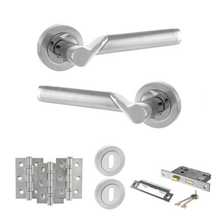 STATUS Hawaii Door Handle Pack (3 Lever Lock Set - 2.5" CE Sashlock, 3" Fire Rated Hinges x3) - Satin Chrome/Polished Chrome