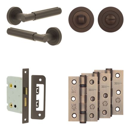 Complete Bloom Door Handle Pack - Bathroom Lock (Standard Thumb Turn) - Dark Bronze - 76mm / 3-inch Hinges - JE-B6B3-DB