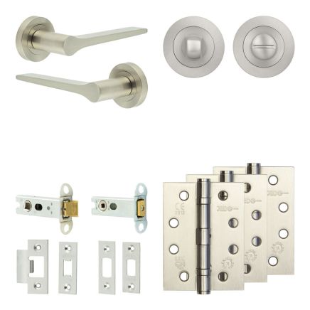 Complete Gio Door Handle Pack - Heavy Duty Tubular Bathroom (Standard Thumb Turn) - Satin Nickel - 76mm / 4-inch Hinges - JE-E31A3-SN