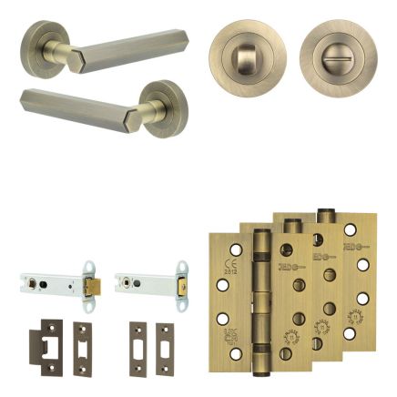 Complete Hex Door Handle Pack - Heavy Duty Tubular Bathroom (Standard Thumb Turn) - Antique Brass - 102mm / 4-inch Hinges - JE-C32A3-AB