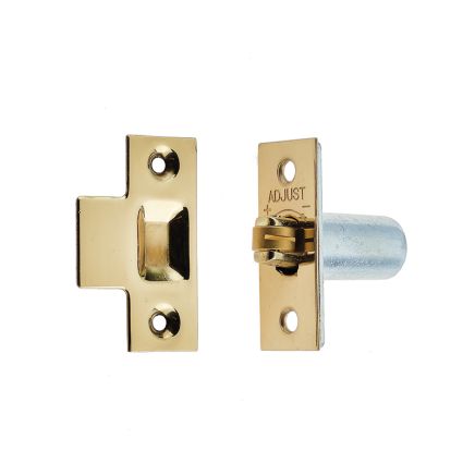 Jedo Adjustable Rollerbolt Catches with Brass Roller 36mm Polished Brass - By Frelan Hardware - J8072PB