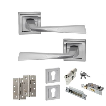 STATUS California Door Handle Pack (Euro Lock Set - 2.5" CE Sashlock, 4" Slim Knuckle Hinges x2) - Satin Chrome