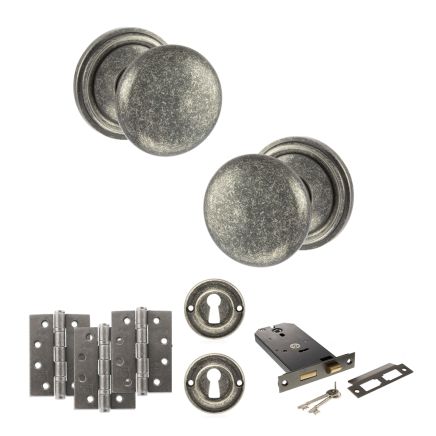 Old English Harrogate Door Knob Pack (Lock Set - Horizontal Sashlock, 4" Fire Rated Hinges x3) - Distressed Silver