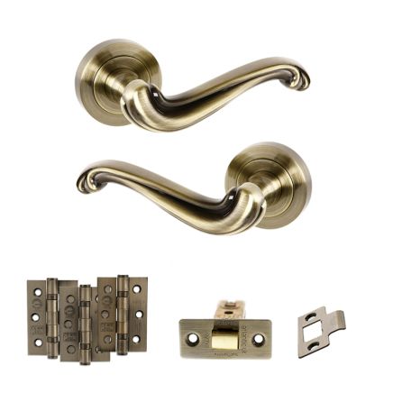 Old English Colchester Door Handle Pack (Latch Set - 3" CE Latch, 3" Fire Rated Hinges x3) - Antique Brass