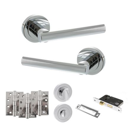 STATUS Nebraska Door Handle Pack (Bathroom Set - 3" CE Bathroom Lock, 4" Fire Rated Hinges x3) - Polished Chrome
