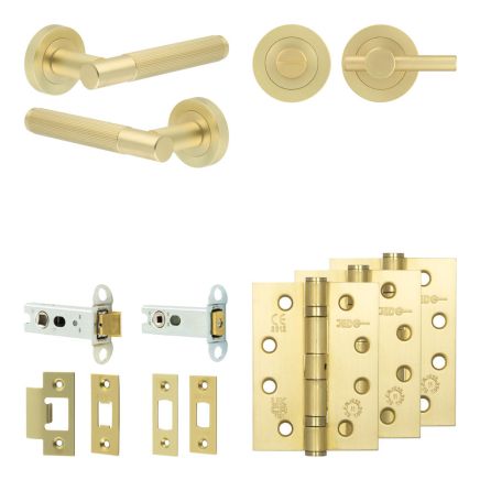 Complete Venice Door Handle Pack - Heavy Duty Tubular Bathroom (Plain Thumb Turn) - Satin Brass - 76mm / 4-inch Hinges - JE-F31A2-SB