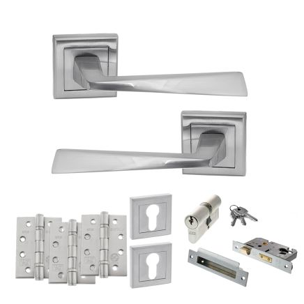 STATUS California Door Handle Pack (Euro Lock Set - 3" CE Sashlock, 4" Fire Rated Hinges x3) - Satin Chrome