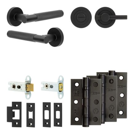 Complete Bari Door Handle Pack - Heavy Duty Tubular Bathroom (Knurled Thumb Turn) - Matt Black - 64mm / 3-inch Hinges - JE-D30B1-MB