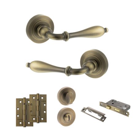 Old English Wrexham Door Handle Pack (Bathroom Set - 2.5" CE Bathroom Lock, 4" Slim Knuckle Hinges x2) - Matt Antique Brass
