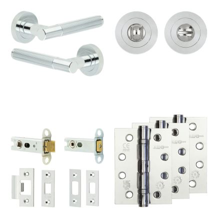 Complete Venice Door Handle Pack - Heavy Duty Tubular Bathroom (Standard Thumb Turn) - Polished Chrome - 76mm / 4-inch Hinges - JE-F31A3-PC