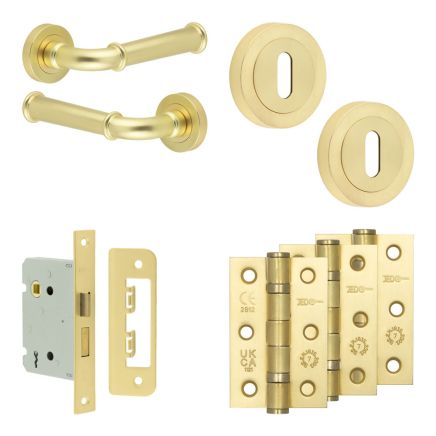 Complete Classic Door Handle Pack - Sashlock - Satin Brass - 76mm / 3-inch Hinges - JE-A8B8-SB
