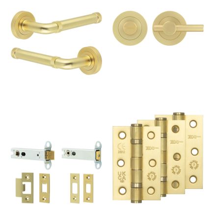 Complete Midtown Door Handle Pack - Heavy Duty Tubular Bathroom (Plain Thumb Turn) - Satin Brass - 102mm / 3-inch Hinges - JE-G32B2-SB