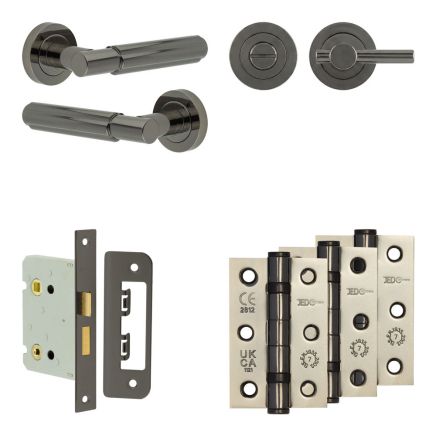 Complete Bloom Door Handle Pack - Bathroom Lock (Plain Thumb Turn) - Black Nickel - 76mm / 3-inch Hinges - JE-B6B2-BN