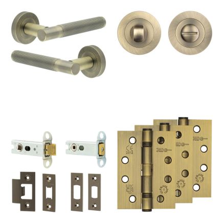 Complete Venice Door Handle Pack - Heavy Duty Tubular Bathroom (Standard Thumb Turn) - Antique Brass - 76mm / 4-inch Hinges - JE-F31A3-AB