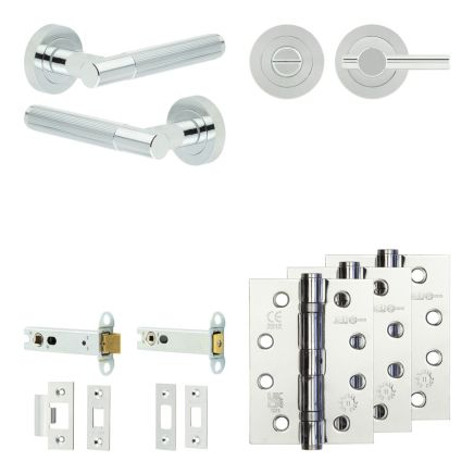Complete Venice Door Handle Pack - Heavy Duty Tubular Bathroom (Plain Thumb Turn) - Polished Chrome - 102mm / 4-inch Hinges - JE-F32A2-PC