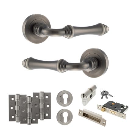 Old English Durham Door Handle Pack (Euro Lock Set - 2.5" CE Sashlock, 3" Fire Rated Hinges x3) - Matt Gun Metal