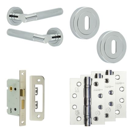Complete Bari Door Handle Pack - Sashlock - Polished Chrome - 65mm / 4-inch Hinges - JE-D7A8-PC