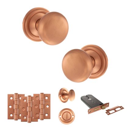 Old English Harrogate Door Knob Pack (Lock Set - Horizontal Bathlock, 3" Fire Rated Hinges x3) - Urban Satin Copper