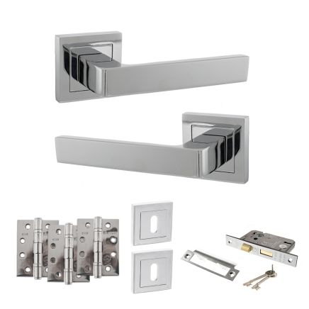 STATUS Montana Door Handle Pack (3 Lever Lock Set - 3" CE Sashlock, 4" Fire Rated Hinges x3) - Polished Chrome