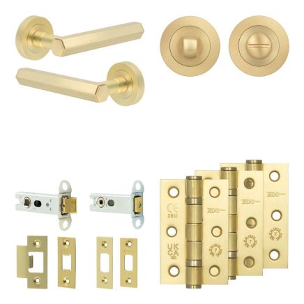 Complete Hex Door Handle Pack - Heavy Duty Tubular Bathroom (Standard Thumb Turn) - Satin Brass - 76mm / 3-inch Hinges - JE-C31B3-SB