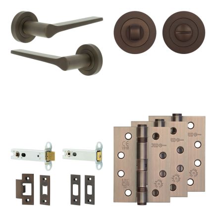 Complete Gio Door Handle Pack - Heavy Duty Tubular Bathroom (Standard Thumb Turn) - Dark Bronze - 102mm / 4-inch Hinges - JE-E32A3-DB