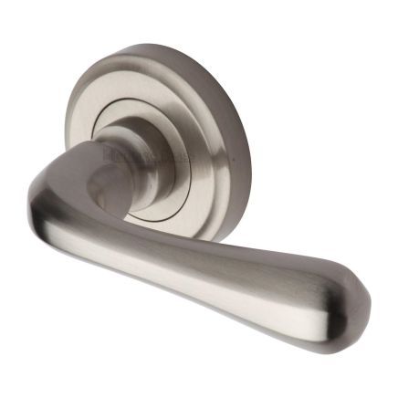 Heritage Brass Door Handle Lever Latch on Round Rose Charlbury Design Satin Nickel finish
