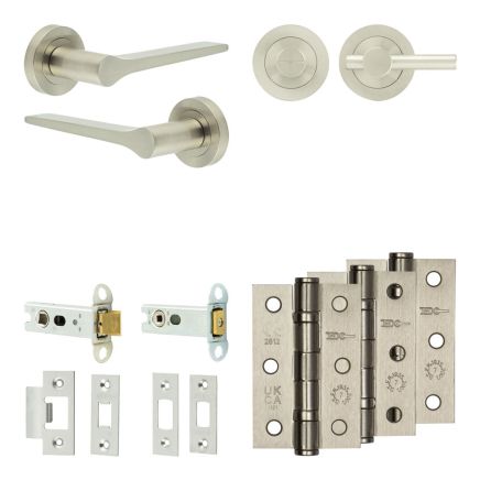 Complete Gio Door Handle Pack - Heavy Duty Tubular Bathroom (Plain Thumb Turn) - Satin Nickel - 76mm / 3-inch Hinges - JE-E31B2-SN