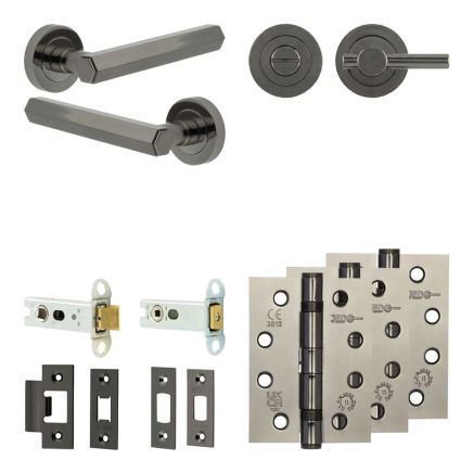 Complete Hex Door Handle Pack - Heavy Duty Tubular Bathroom (Plain Thumb Turn) - Black Nickel - 76mm / 4-inch Hinges - JE-C31A2-BN