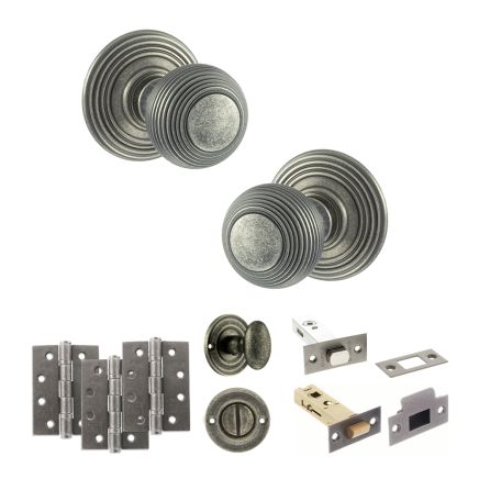 Old English Ripon Door Knob Pack (Bathroom Set - 3" Deadbolt, 4" Fire Rated Hinges x3) - Distressed Silver