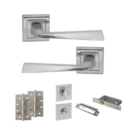 STATUS California Door Handle Pack (Bathroom Set - 2.5" CE Bathroom Lock, 4" Slim Knuckle Hinges x2) - Satin Chrome