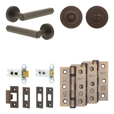 Complete Hex Door Handle Pack - Heavy Duty Tubular Bathroom (Standard Thumb Turn) - Dark Bronze - 64mm / 3-inch Hinges - JE-C30B3-DB