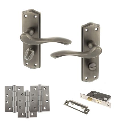 Old English Warwick Door Handle Pack (Bathroom Set - 2.5" CE Bathroom Lock, 4" Fire Rated Hinges x3) - Matt Gun Metal