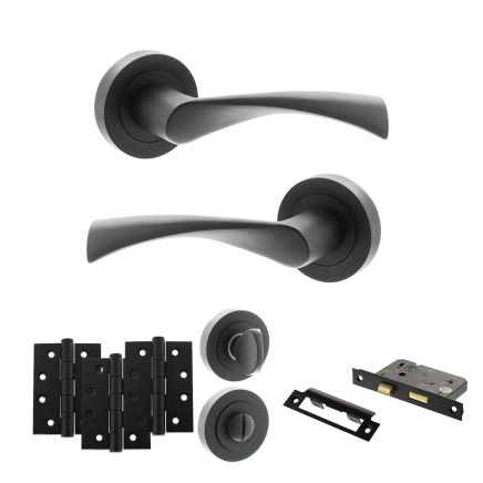 STATUS Colorado Door Handle Pack (Bathroom Set - 3" CE Bathroom Lock, 4" Fire Rated Hinges x3) - Matt Black