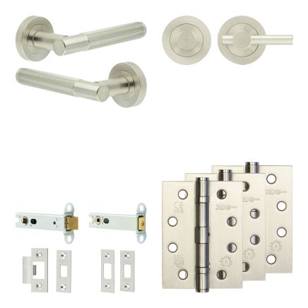Complete Venice Door Handle Pack - Heavy Duty Tubular Bathroom (Plain Thumb Turn) - Satin Nickel - 102mm / 4-inch Hinges - JE-F32A2-SN