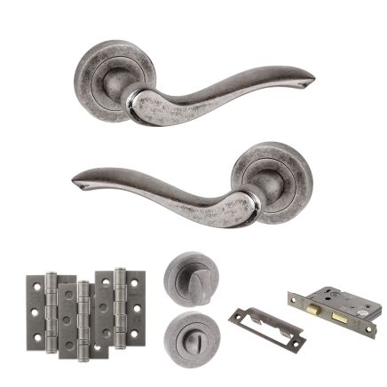 Old English Warwick Door Handle Pack (Bathroom Set - 2.5" CE Bathroom Lock, 3" Fire Rated Hinges x3) - Distressed Silver