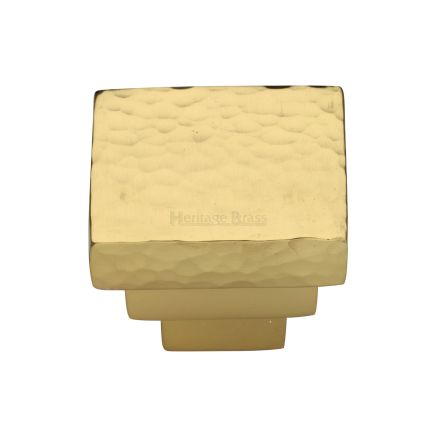 Heritage Brass Cabinet Knob Square Stepped Hammered Design 32mm Polished Brass finish