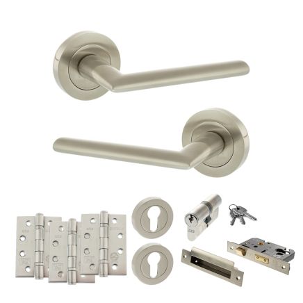 STATUS Alabama Door Handle Pack (Euro Lock Set - 2.5" CE Sashlock, 4" Fire Rated Hinges x3) - Satin Nickel