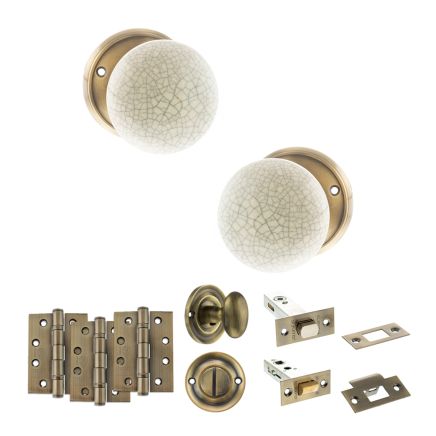 Old English Skipton Door Knob Pack (Bathroom Set - 3" Deadbolt, 4" Fire Rated Hinges x3) - Antique Brass