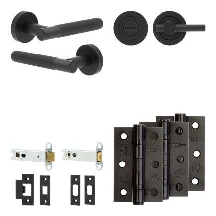 Complete Venice Door Handle Pack - Heavy Duty Tubular Bathroom (Plain Thumb Turn) - Matt Black - 102mm / 3-inch Hinges - JE-F32B2-MB