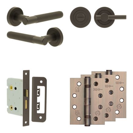 Complete Venice Door Handle Pack - Bathroom Lock (Plain Thumb Turn) - Dark Bronze - 76mm / 4-inch Hinges - JE-F6A2-DB