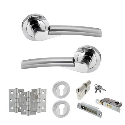 STATUS Florida Door Handle Pack (Euro Lock Set - 2.5" CE Sashlock, 3" Fire Rated Hinges x3) - Satin Chrome/Polished Chrome