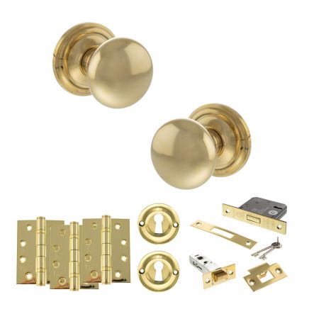 Old English Harrogate Door Knob Pack (Lock Set - 3" Latch & Deadlock, 4" Fire Rated Hinges x3) - Raw Brass
