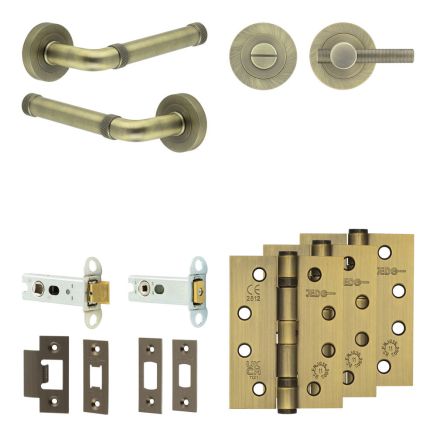 Complete Midtown Door Handle Pack - Heavy Duty Tubular Bathroom (Knurled Thumb Turn) - Antique Brass - 76mm / 4-inch Hinges - JE-G31A1-AB