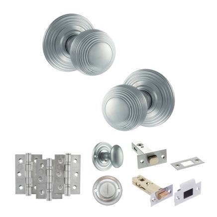 Old English Ripon Door Knob Pack (Bathroom Set - 3" Deadbolt, 3" Fire Rated Hinges x3) - Satin Chrome