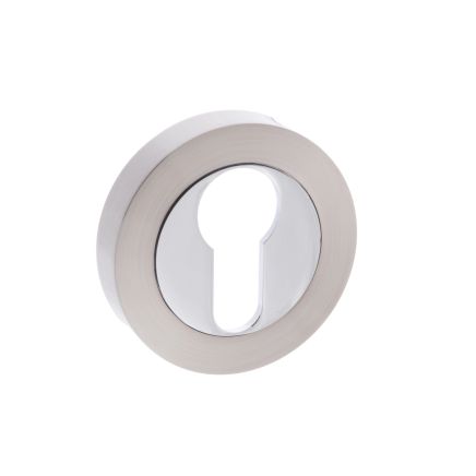 Mediterranean Euro Escutcheons on Round Rose - Satin Nickel/Polished Chrome
