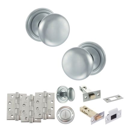 Old English Harrogate Door Knob Pack (Bathroom Set - 3" Deadbolt, 4" Fire Rated Hinges x3) - Satin Chrome