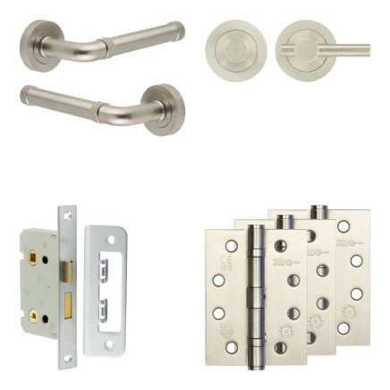 Complete Midtown Door Handle Pack - Bathroom Lock (Knurled Thumb Turn) - Satin Nickel - 65mm / 4-inch Hinges - JE-G5A1-SN