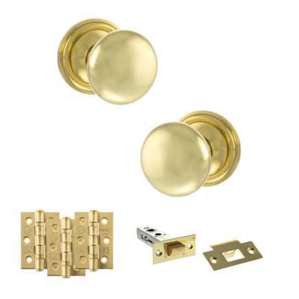 Old English Harrogate Door Knob Pack (Latch Set - 3" HD Latch, 3" Fire Rated Hinges x3) - Polished Brass